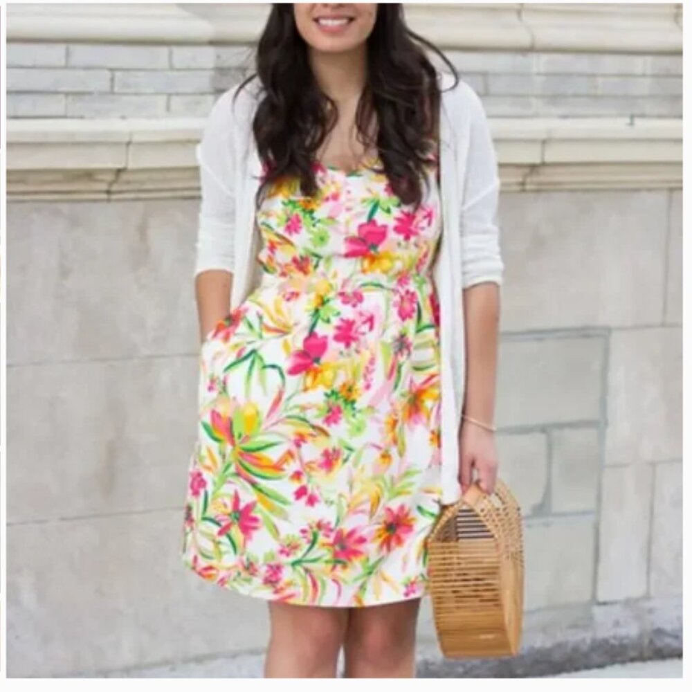 J Crew Dress Tropical Floral Seaside Cami Dress Spaghetti Strap Pockets (1497)